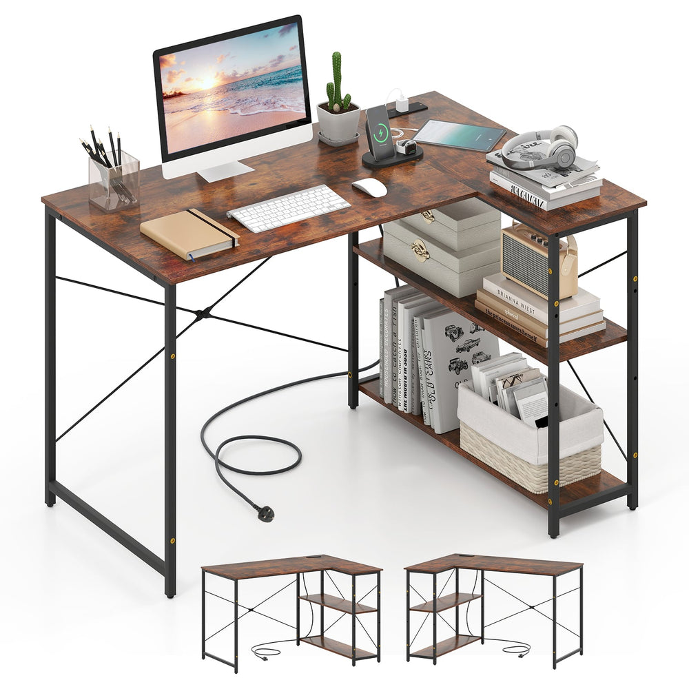 L-shaped Desk with Power Outlet with Reversible Adjustable Storage Shelves-Rustic Brown