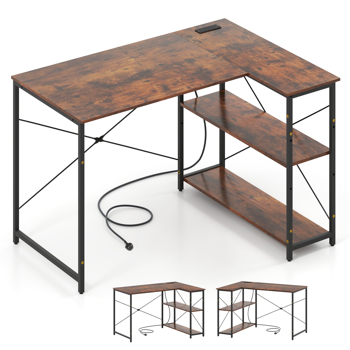 L-shaped Desk with Power Outlet with Reversible Adjustable Storage Shelves-Rustic Brown