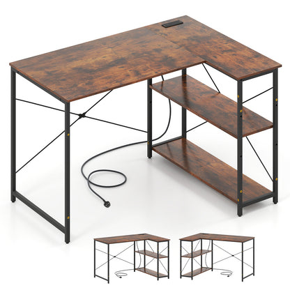 L-shaped Desk with Power Outlet with Reversible Adjustable Storage Shelves-Rustic Brown