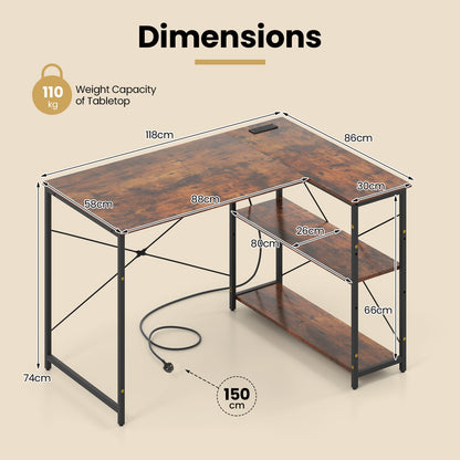 L-shaped Desk with Power Outlet with Reversible Adjustable Storage Shelves-Rustic Brown
