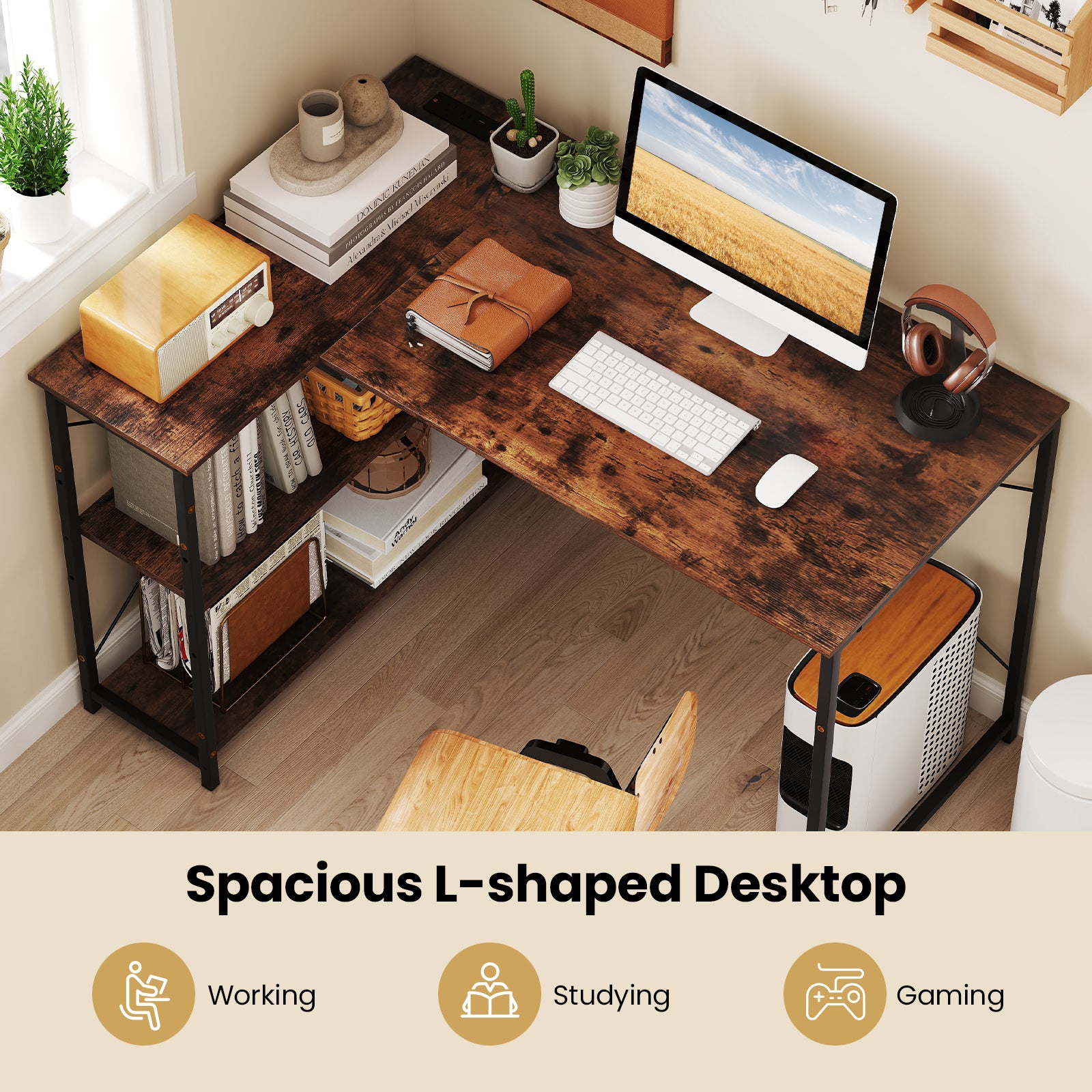 L-shaped Desk with Power Outlet with Reversible Adjustable Storage Shelves-Rustic Brown