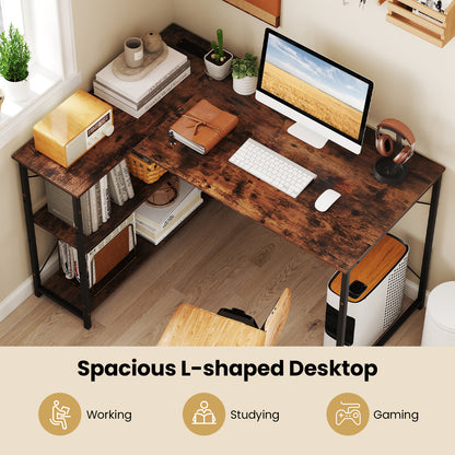 L-shaped Desk with Power Outlet with Reversible Adjustable Storage Shelves-Rustic Brown
