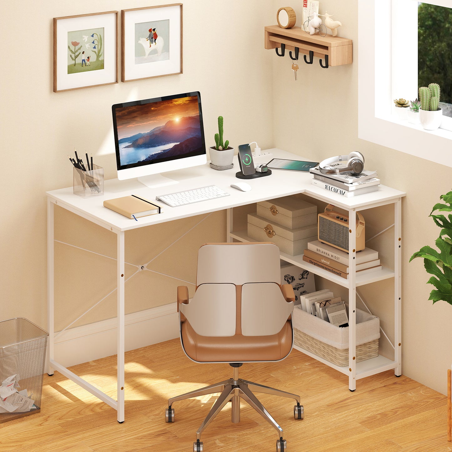 L-shaped Desk with Power Outlet with Reversible Adjustable Storage Shelves-White
