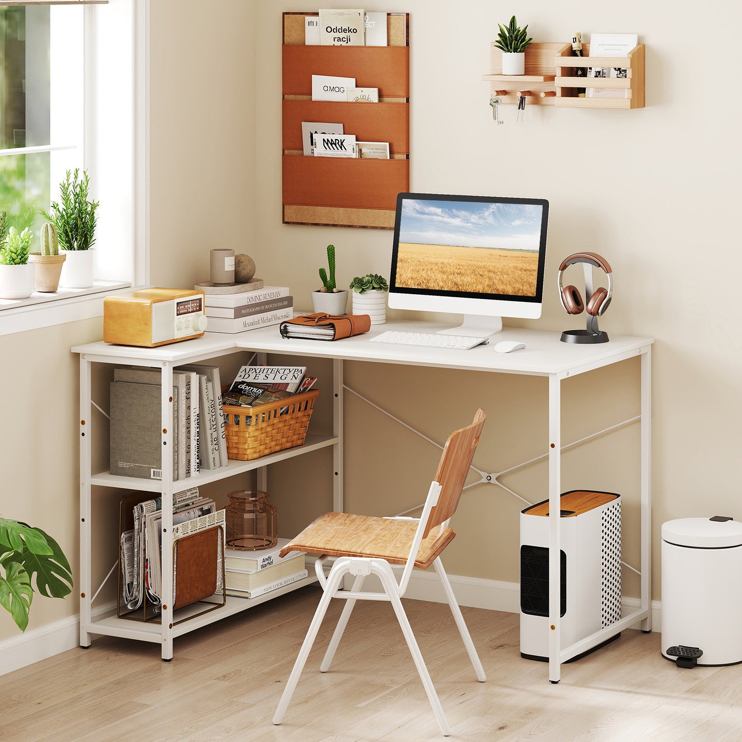 L-shaped Desk with Power Outlet with Reversible Adjustable Storage Shelves-White