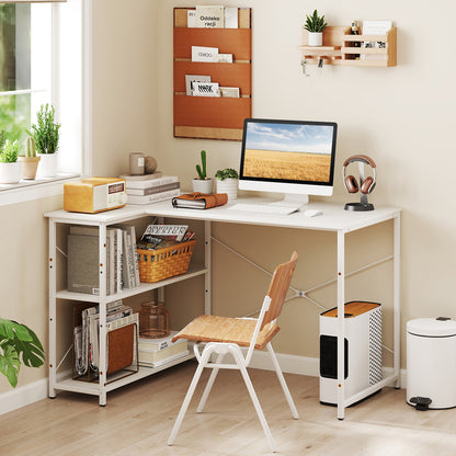 L-shaped Desk with Power Outlet with Reversible Adjustable Storage Shelves-White