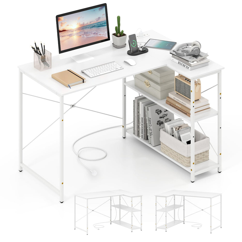 L-shaped Desk with Power Outlet with Reversible Adjustable Storage Shelves-White