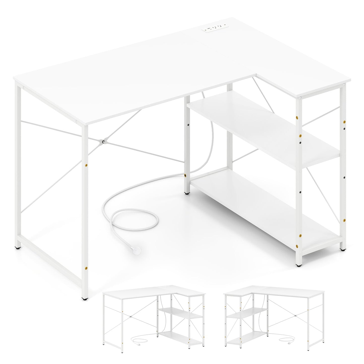 L-shaped Desk with Power Outlet with Reversible Adjustable Storage Shelves-White