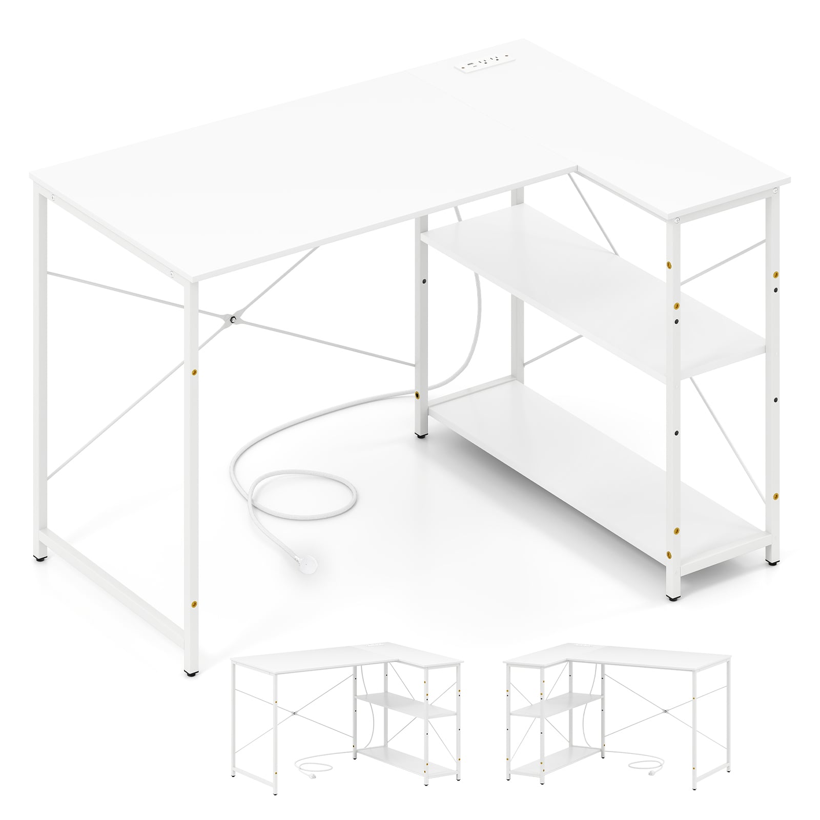 L-shaped Desk with Power Outlet with Reversible Adjustable Storage Shelves-White
