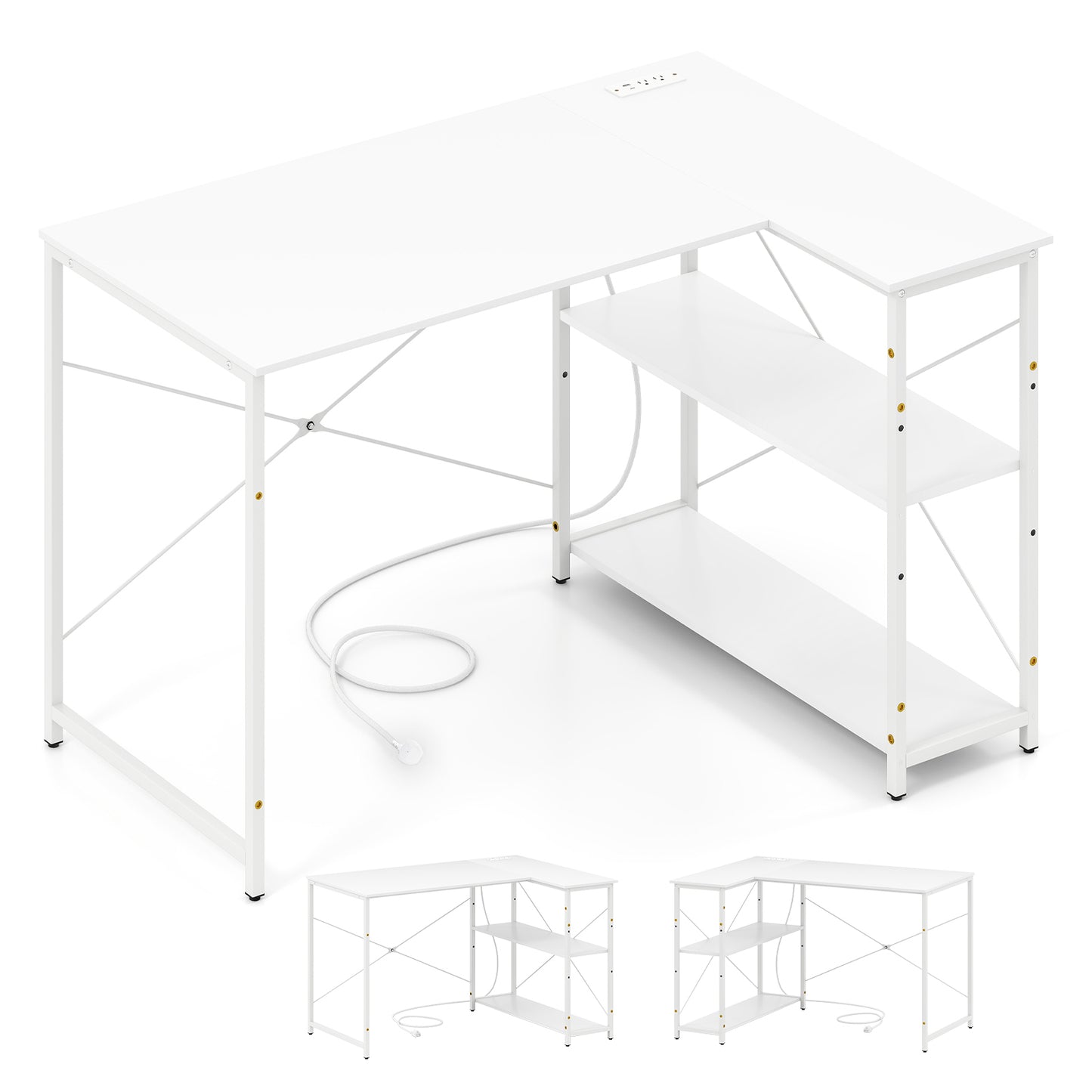 L-shaped Desk with Power Outlet with Reversible Adjustable Storage Shelves-White