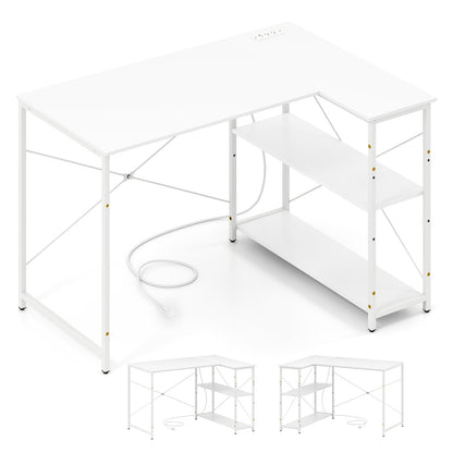 L-shaped Desk with Power Outlet with Reversible Adjustable Storage Shelves-White
