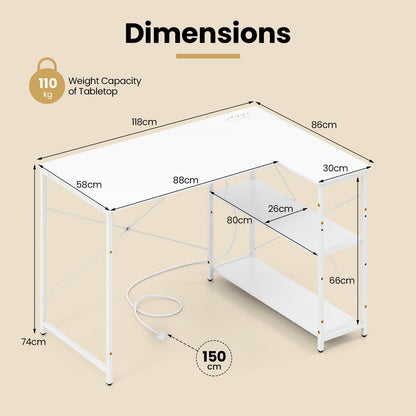 L-shaped Desk with Power Outlet with Reversible Adjustable Storage Shelves-White