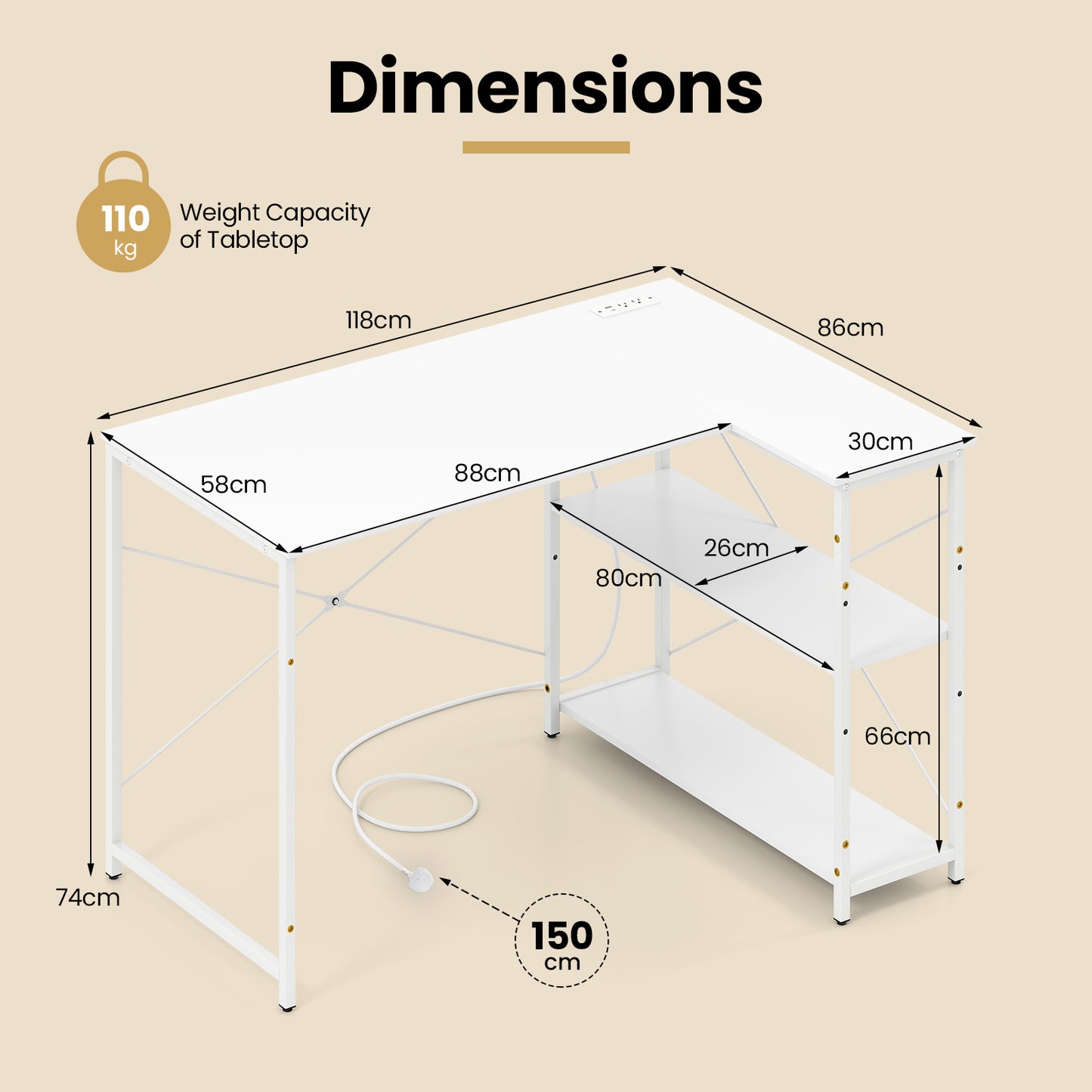 L-shaped Desk with Power Outlet with Reversible Adjustable Storage Shelves-White