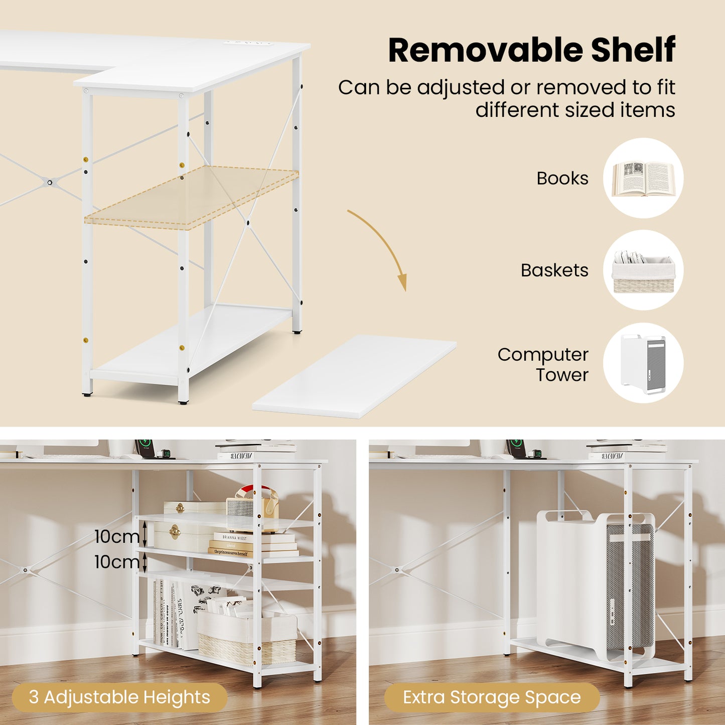 L-shaped Desk with Power Outlet with Reversible Adjustable Storage Shelves-White