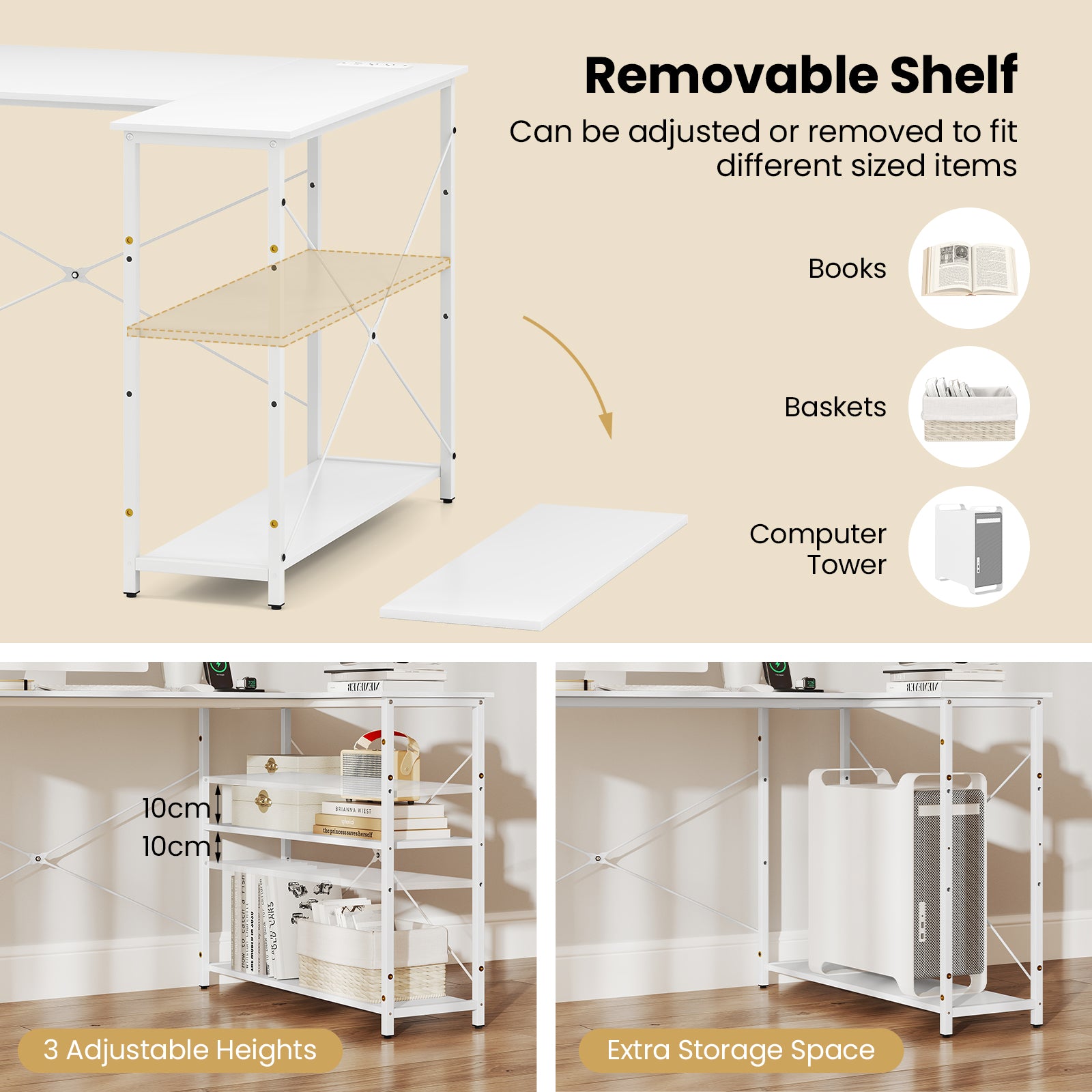 L-shaped Desk with Power Outlet with Reversible Adjustable Storage Shelves-White