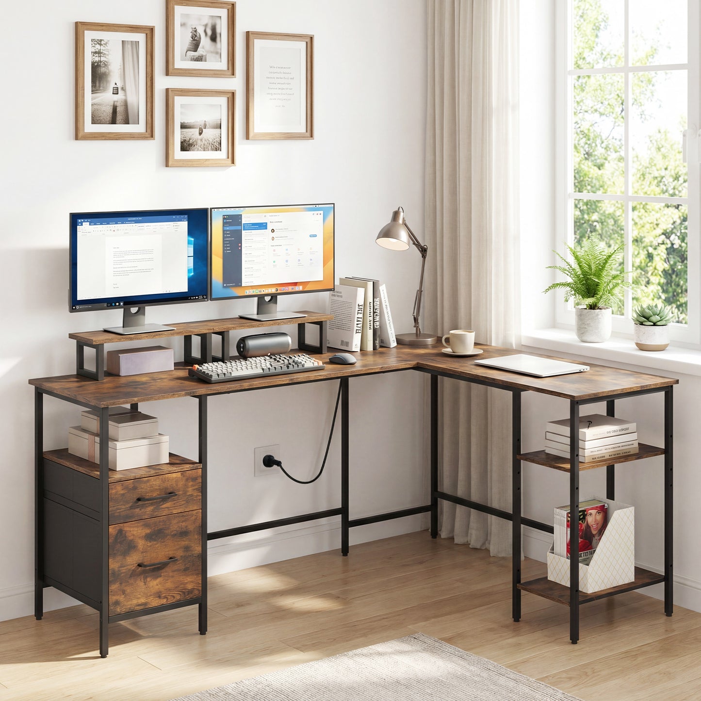 L-shaped Desk with Power Outlets Monitor Stand 2 Drawers and Adjustable Shelf-Rustic Brown