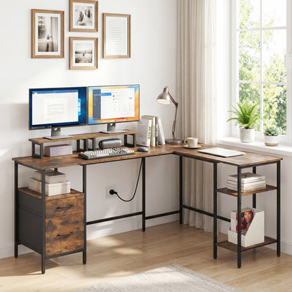 L-shaped Desk with Power Outlets Monitor Stand 2 Drawers and Adjustable Shelf-Rustic Brown
