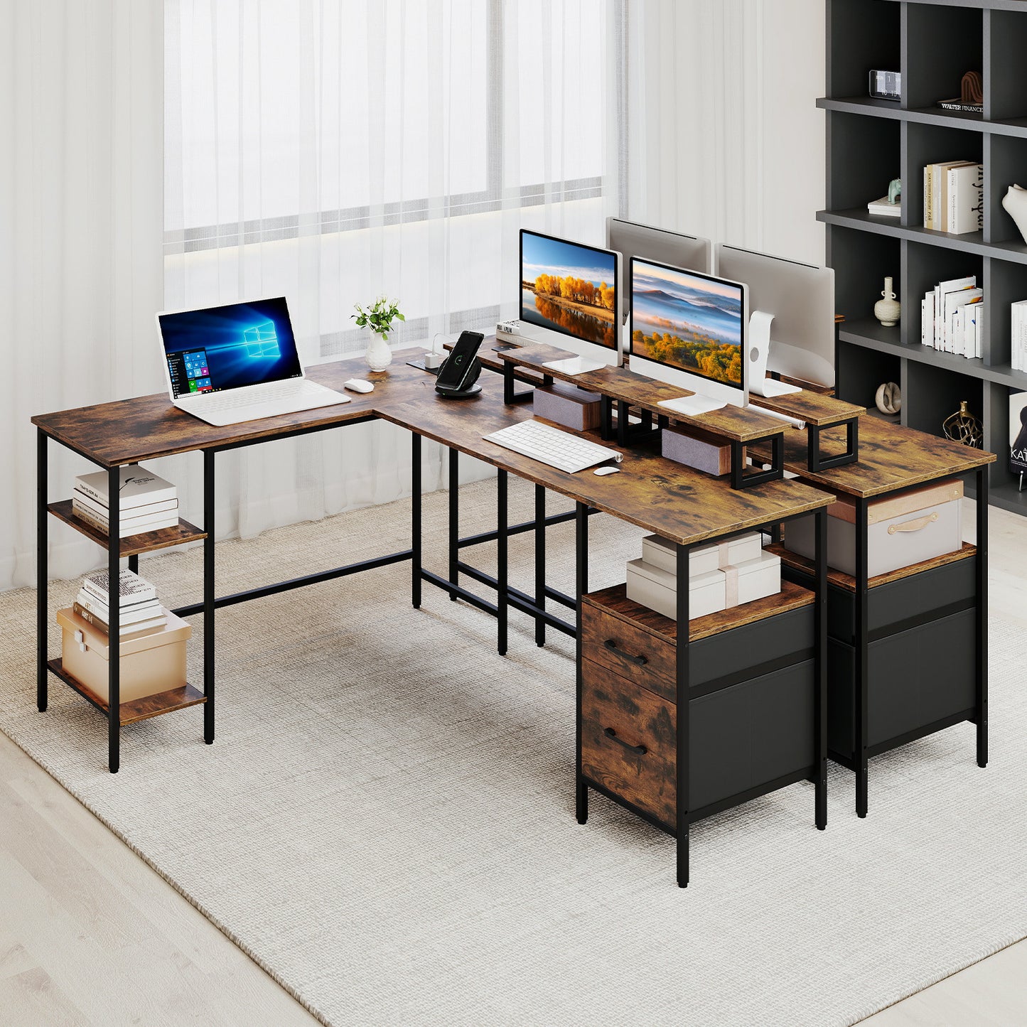 L-shaped Desk with Power Outlets Monitor Stand 2 Drawers and Adjustable Shelf-Rustic Brown