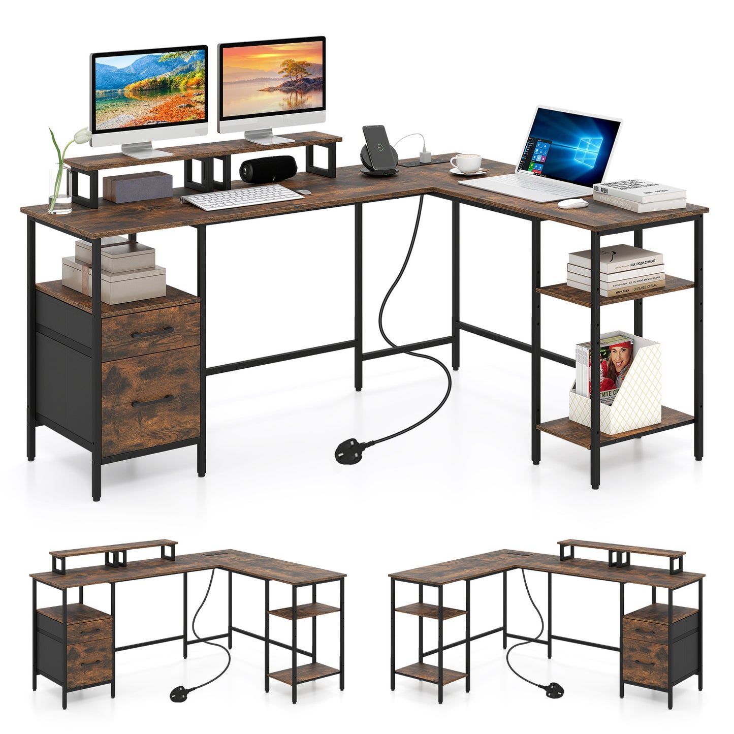 L-shaped Desk with Power Outlets Monitor Stand 2 Drawers and Adjustable Shelf-Rustic Brown