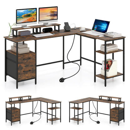 L-shaped Desk with Power Outlets Monitor Stand 2 Drawers and Adjustable Shelf-Rustic Brown