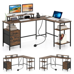 L-shaped Desk with Power Outlets Monitor Stand 2 Drawers and Adjustable Shelf-Rustic Brown
