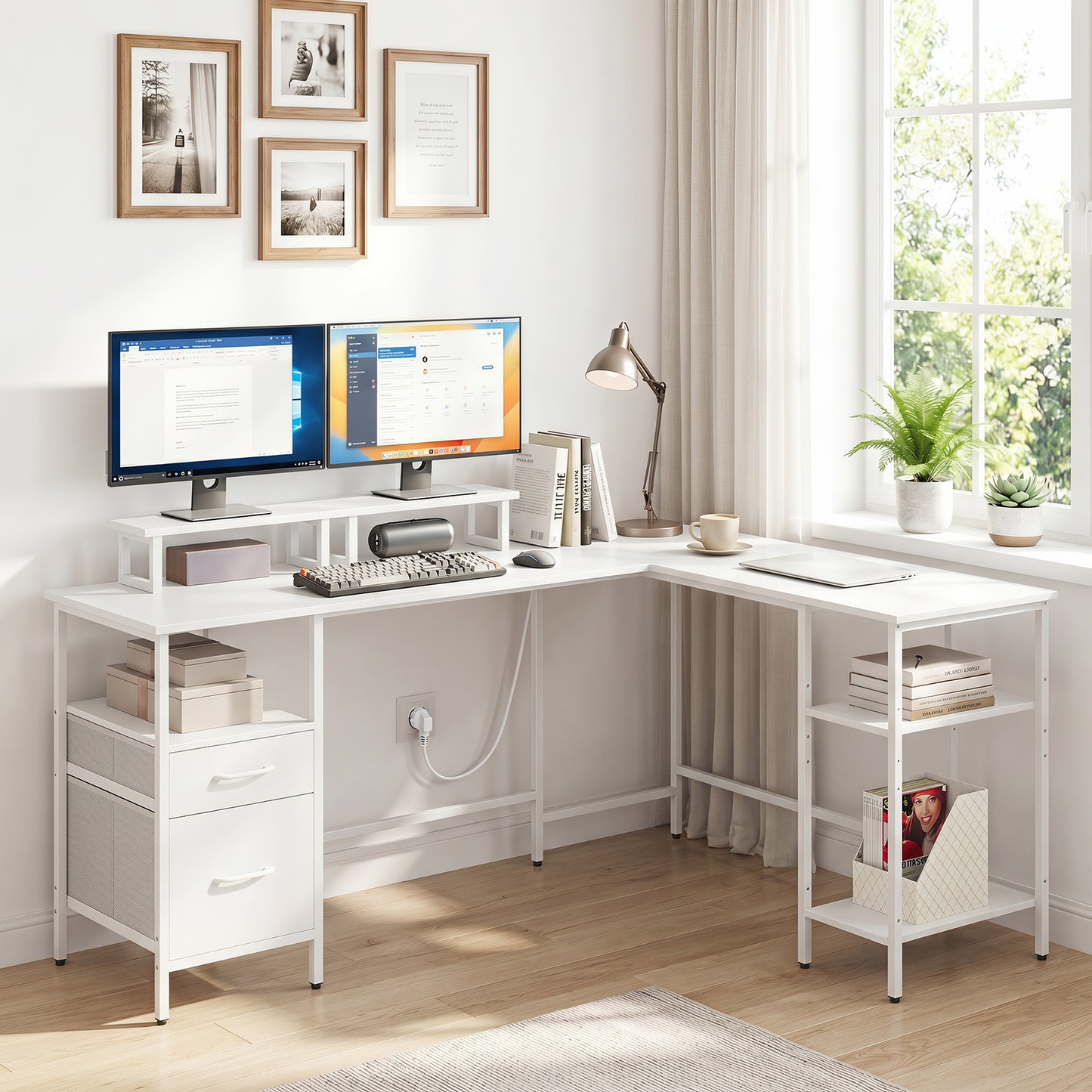 L-shaped Desk with Power Outlets Monitor Stand 2 Drawers and Adjustable Shelf-White