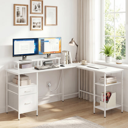 L-shaped Desk with Power Outlets Monitor Stand 2 Drawers and Adjustable Shelf-White