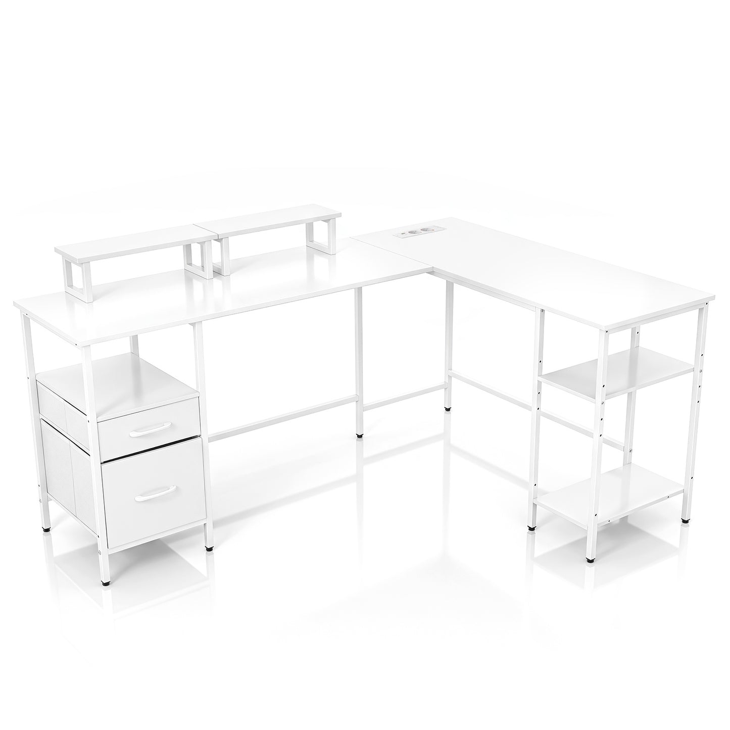 L-shaped Desk with Power Outlets Monitor Stand 2 Drawers and Adjustable Shelf-White