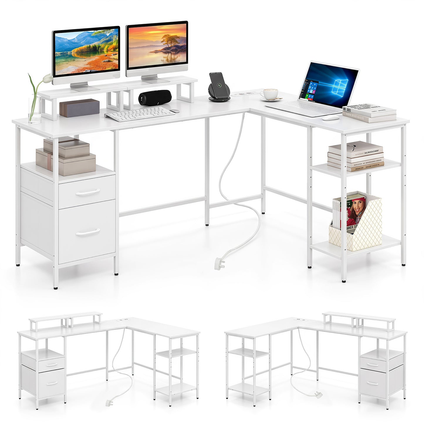 L-shaped Desk with Power Outlets Monitor Stand 2 Drawers and Adjustable Shelf-White