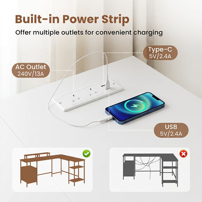 L-shaped Desk with Power Outlets Monitor Stand 2 Drawers and Adjustable Shelf-White