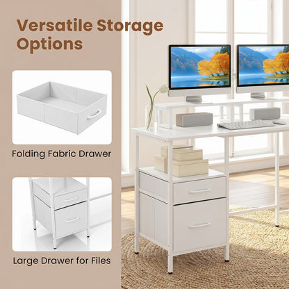 L-shaped Desk with Power Outlets Monitor Stand 2 Drawers and Adjustable Shelf-White