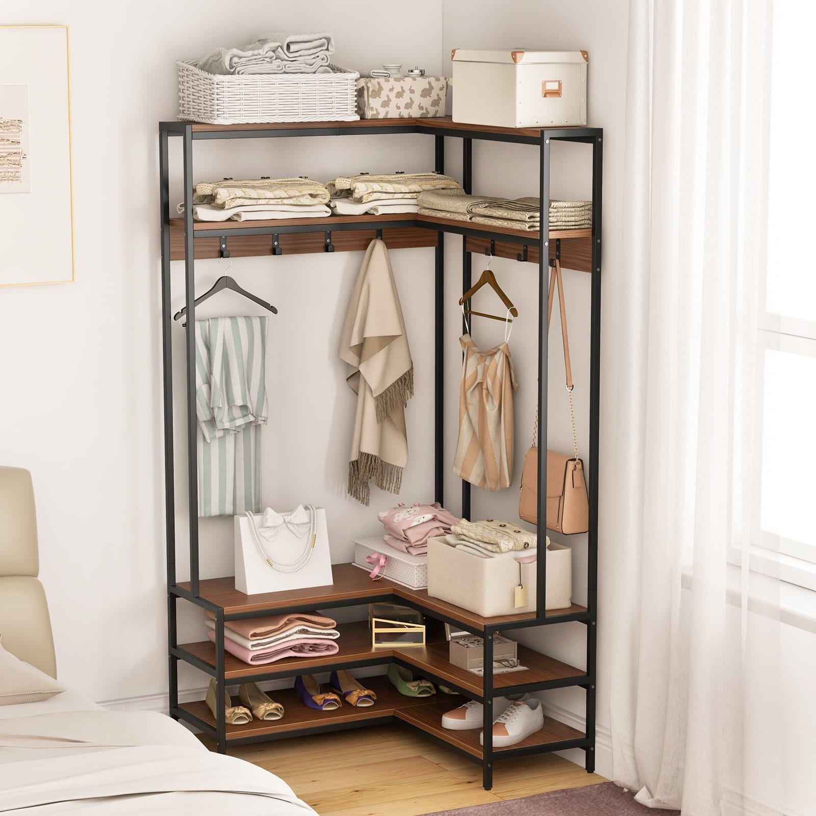 L-shaped Clothes Corner Garment Rack with Open Shelves and 7 Hooks-Walnut