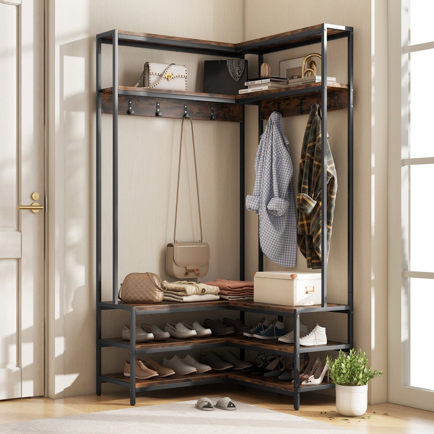 L-shaped Clothes Corner Garment Rack with Open Shelves and 7 Hooks-Rustic Brown