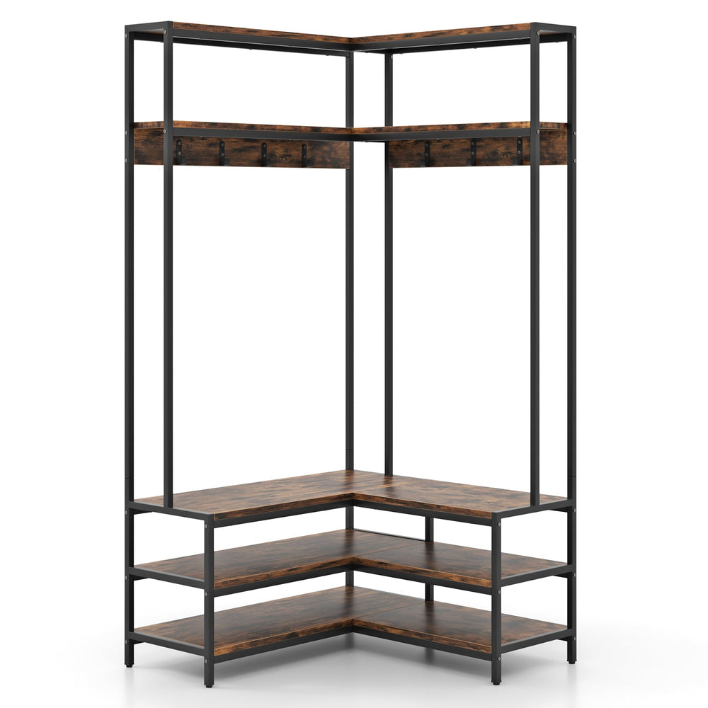 L-shaped Clothes Corner Garment Rack with Open Shelves and 7 Hooks-Rustic Brown