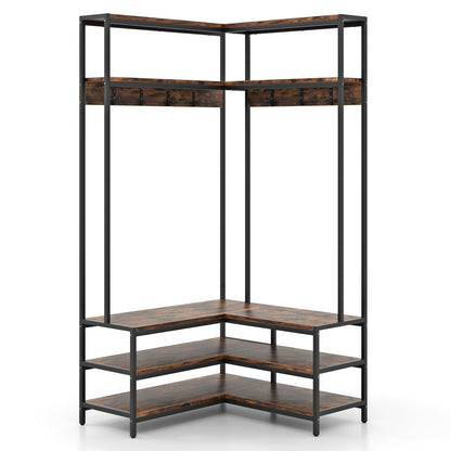 L-shaped Clothes Corner Garment Rack with Open Shelves and 7 Hooks-Rustic Brown