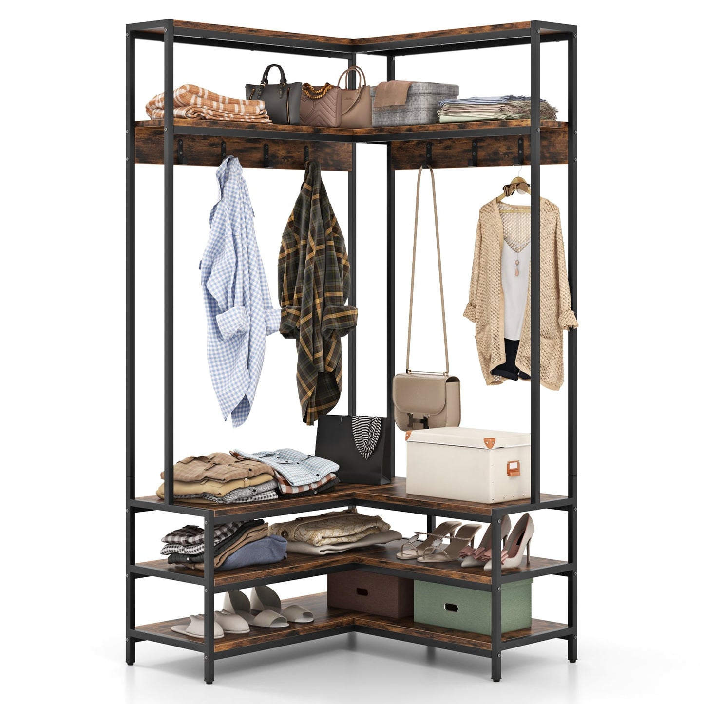 L-shaped Clothes Corner Garment Rack with Open Shelves and 7 Hooks-Rustic Brown