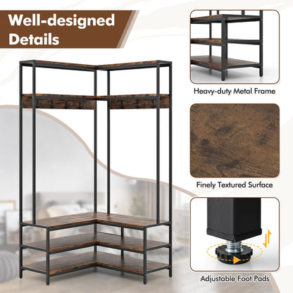 L-shaped Clothes Corner Garment Rack with Open Shelves and 7 Hooks-Rustic Brown