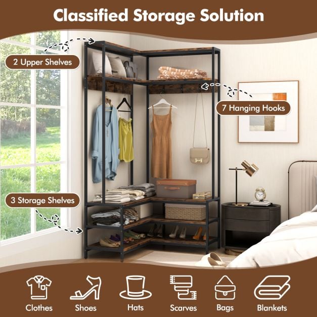 Corner Garment Rack with Open Shelves and 7 Hooks Shoe Bench-Rustic Brown
