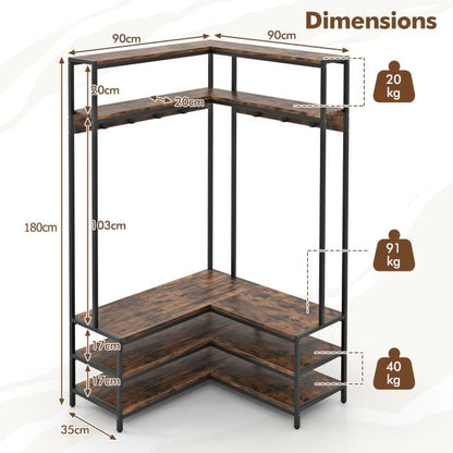 Corner Garment Rack with Open Shelves and 7 Hooks Shoe Bench-Rustic Brown