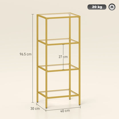 HOMCOM 4-Tier Shelving Unit, Glass Shelf, Vertical Storage Shelf for Living Room, Home Office, Bedroom, Bathroom, Gold Tone