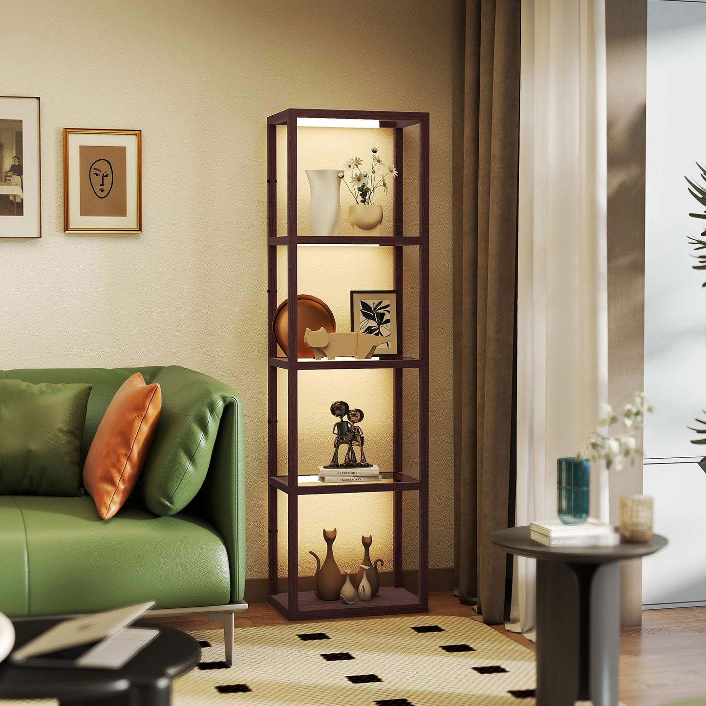 HOMCOM LED Floor Lamp with Glass Shelves, 4 Layers Dimmable Tall Standing Lamp, Modern Column Shelf Floor Light for Living Room, Bedroom, Office, Dark Brown