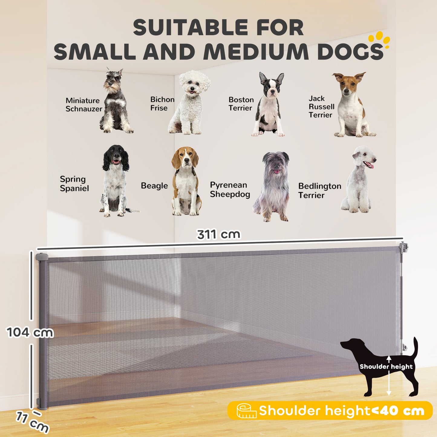 PawHut Retractable Dog Gate, Extends to 300 cm Wide & 104 cm Tall, Mesh Pet Gate Single Hand Operation, for Stairs Doorways