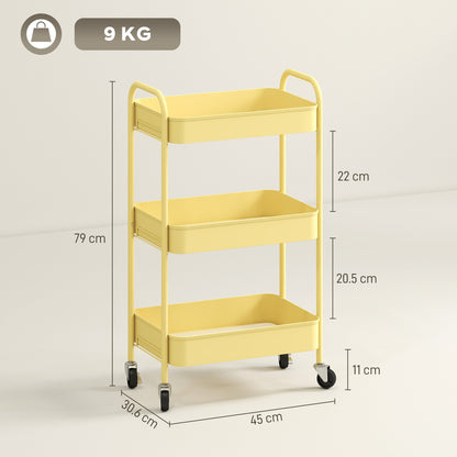 HOMCOM Three-Tier Steel Storage Trolley - Yellow