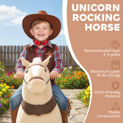 AIYAPLAY Rocking Horse, Plush Ride On Horse with Rolling Wheels & Saddle, Ride On Pony Toy for Kids 3-5 Years, Up to 25kg, Brown