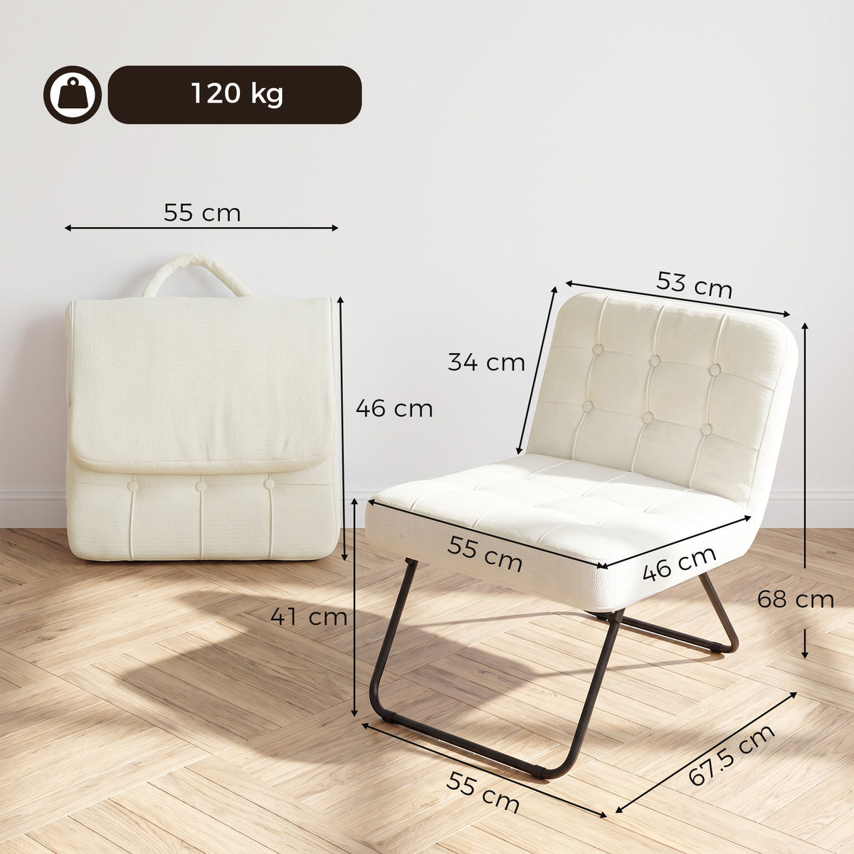 HOMCOM Modern Accent Chair, Foldable Chenille Upholstered Lounge Chair with Backrest, Wide Seat, Cream