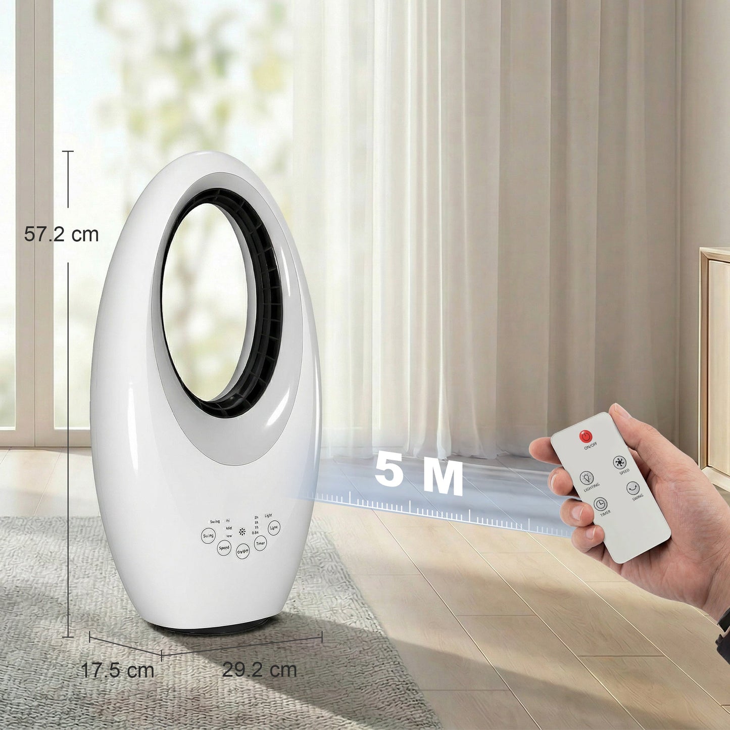 HOMCOM Bladeless Tower Fan, 36dB Standing Cooling Fan with 60° Oscillating, LED Lights, 3 Speeds, 7.5H Timer, Remote Control