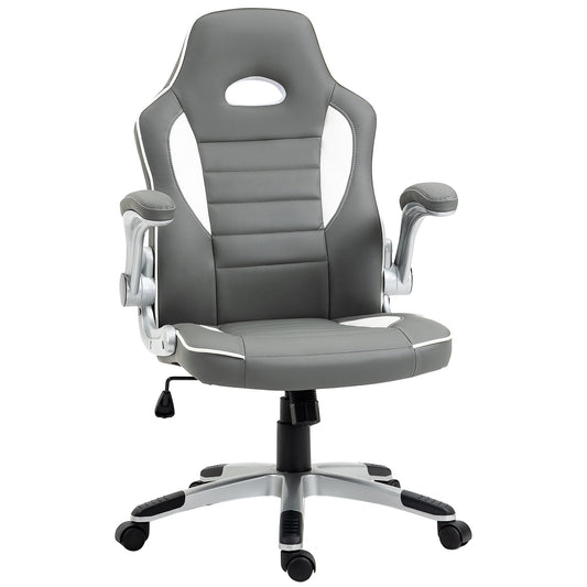 Vinsetto Computer Gaming Chair, Office Desk Swivel Chair, PU Leather Racing Chair with 90  Flip-up Armrest, Adjustable Height and Rolling Wheels, Grey