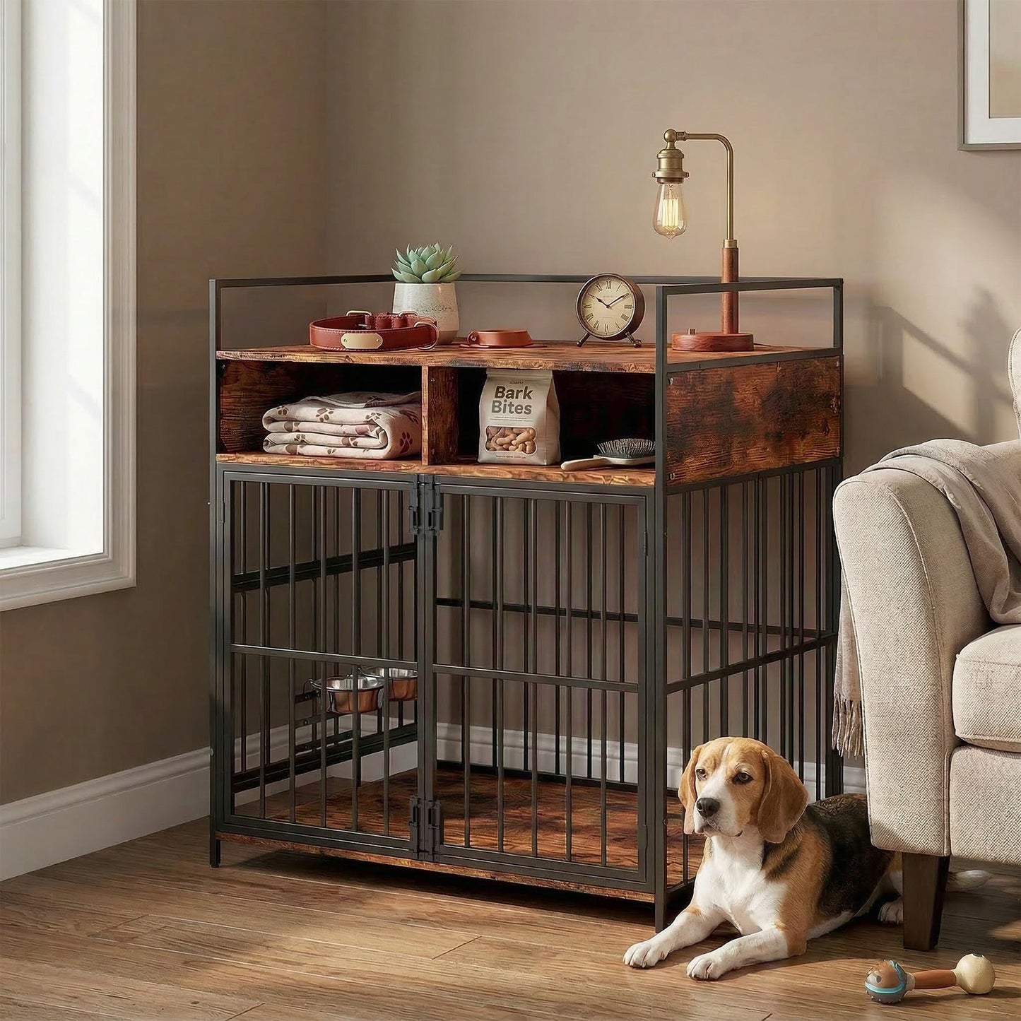 PawHut Dog Crate Furniture, Dog Cage with Rotatable Feeding Station and Storage Shelves, End Side Table Indoor Pet Kenne