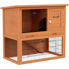 PawHut Two-Tier Antiseptic Wood Rabbit Hutch, 80cm Guinea Pig Hutch with Run - Orange