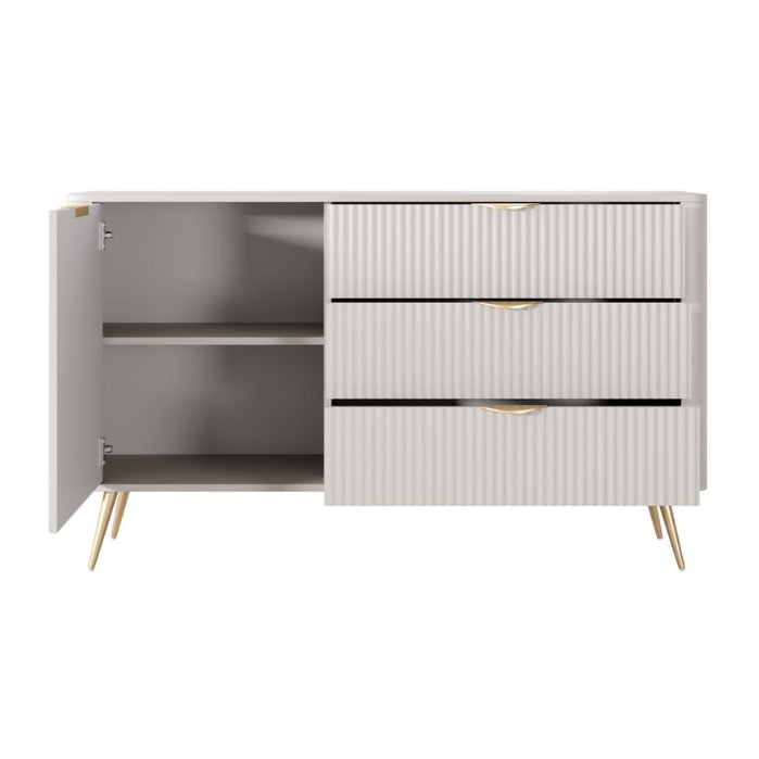 Modern cabinet with open shelves and closed drawers on a white background