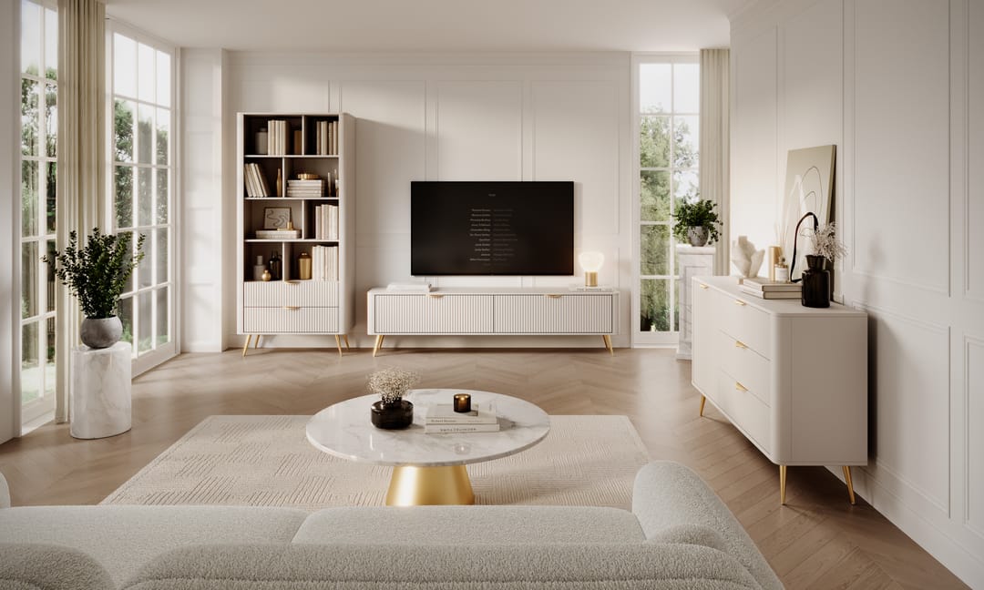 Modern living room with white furniture and decor